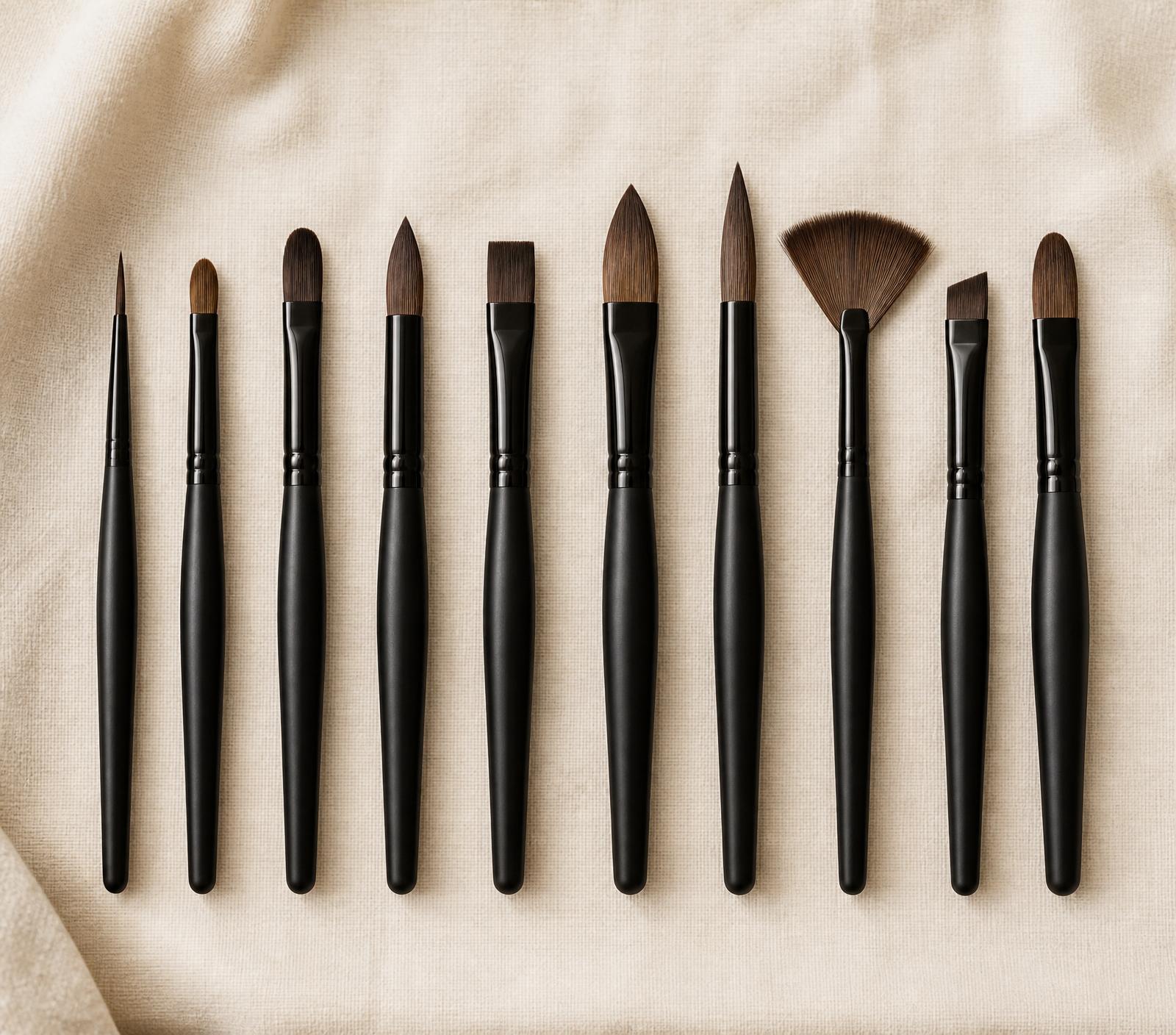 Ten professional NOOSH brushes laid on cream linen.